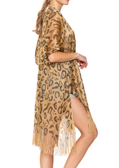 Boho Leopard Print Kimono Poncho with Lurex and Tassels – Stylish, breezy layering piece with a touch of shimmer.