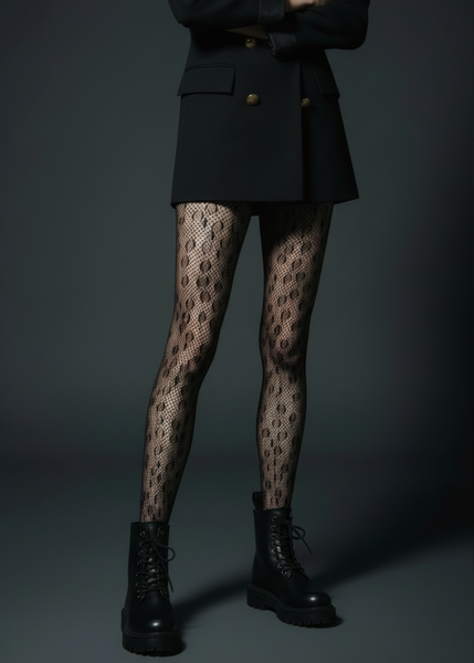 Styled from waist down with mini skirt + combat boots Black leopard fishnet tights styled with black mini skirt and combat boots, rock-n-roll outfit

