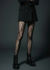 Styled from waist down with mini skirt + combat boots Black leopard fishnet tights styled with black mini skirt and combat boots, rock-n-roll outfit

