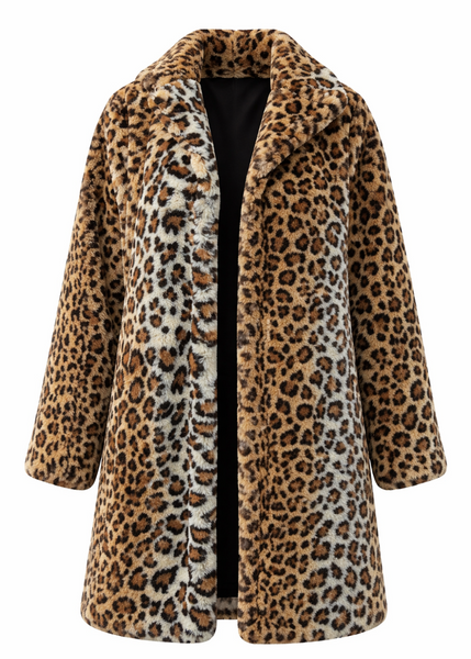 Leopard faux fur coat for women with plush animal print and front pockets