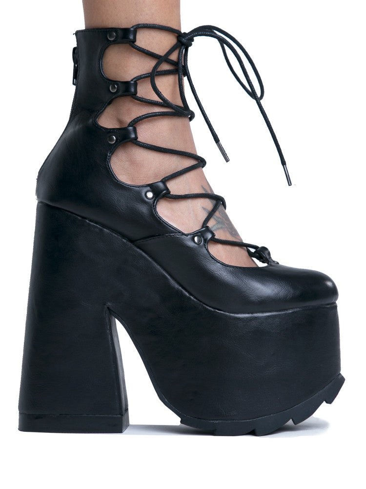 YRU Lucid Black Lace Up Chunky Platform Shoes