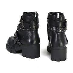 Straight Up Women's Black Leather Lace to Toe Boots with Studded Straps