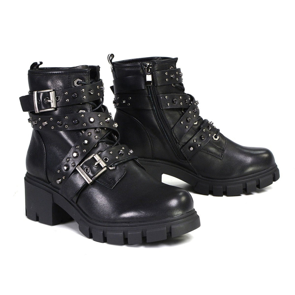Straight Up Women's Black Leather Lace to Toe Boots with Studded Straps
