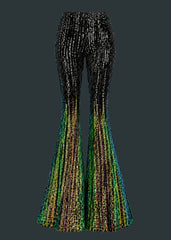 Ombre black and green sequin bell bottom flare pants, front view