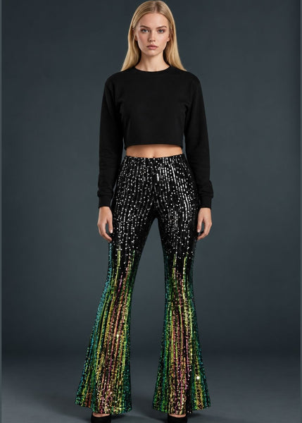 Ombre black and green sequin bell bottom flare pants, full length front view