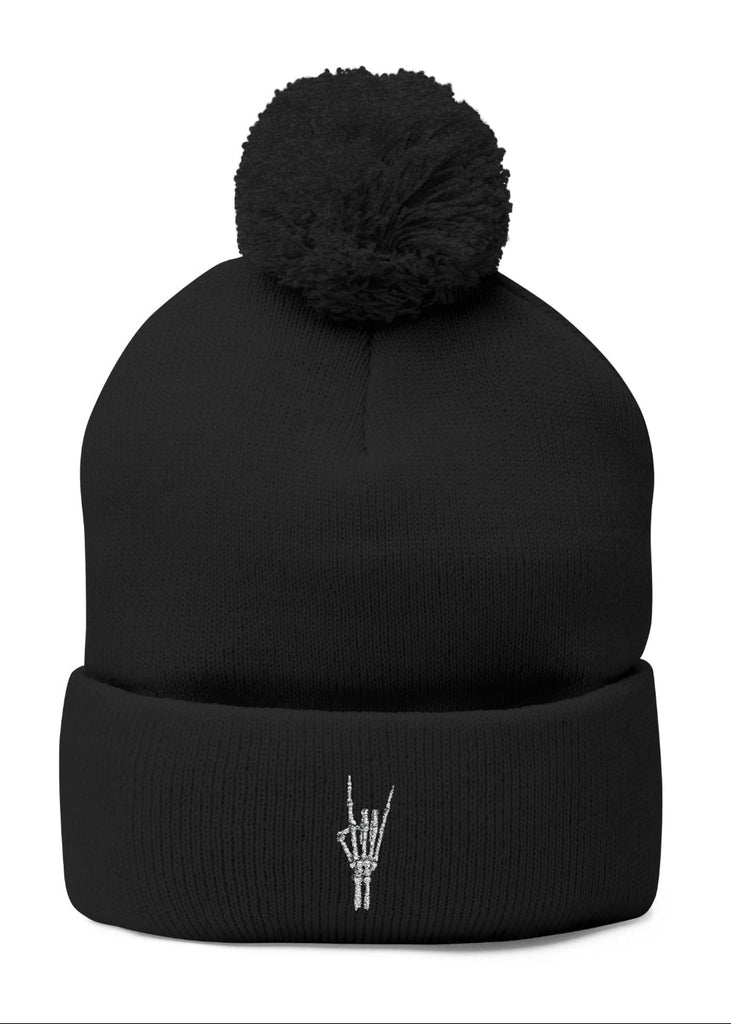 Black beanie with pom-pom and hand gesture embroidery goth rockstar gothic rocker alternative