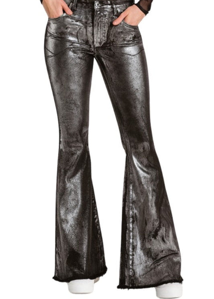 metallic bell bottom jeans flare pants concert outfit rocker 70s 80s festival wear 