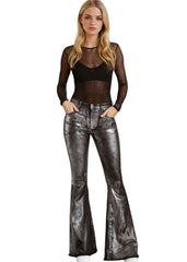 Women's metallic foil flare bell bottom jeans, high-waisted retro 70s style pants for festival and rock n roll fashion