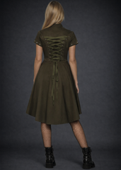 Gothic olive green corset back dress with industrial metal details, alternative military inspired dress styled with fishnet tights and studded boots
