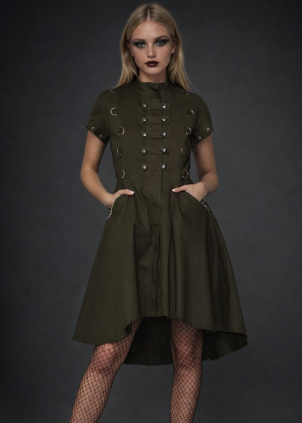 Dark olive steampunk military style dress with corset lace up back, gothic alternative fashion dress with metal hardware and high low skirt