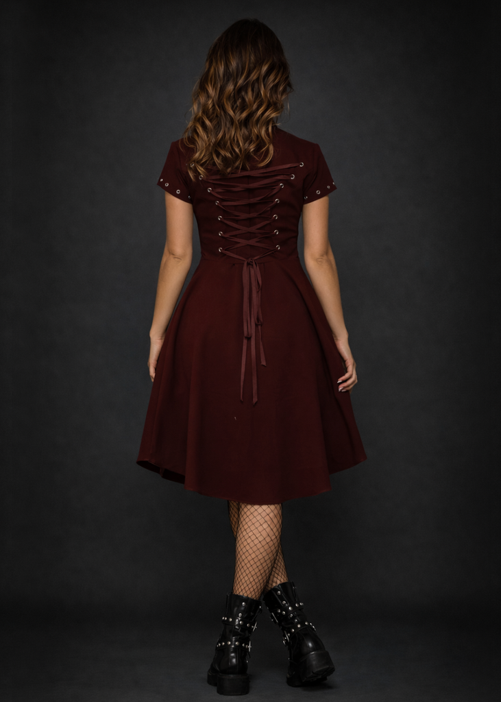 Burgundy Gothic Military Dress | Alternative Fit & Flare Dress | Pretty Attitude Burgundy Gothic Military Dress | Alternative Fit & Flare Dress | Pretty Attitude