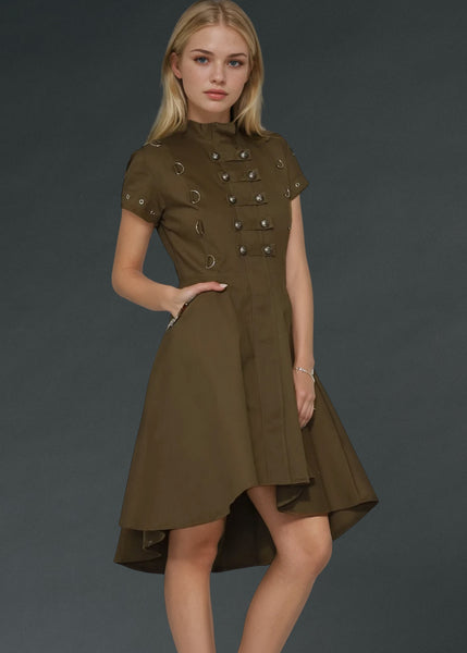 Military green gothic dress with corset lacing in the back, steampunk punk alternative clothing for women with edgy gothic style