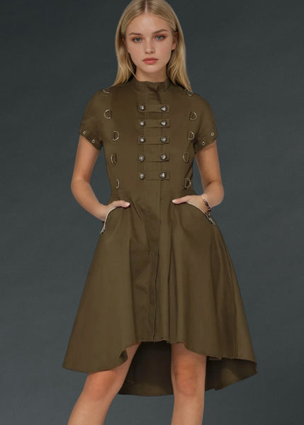 Army green gothic dress featuring lace-up corset back detail, dark alternative fashion for punk, emo and steampunk outfits