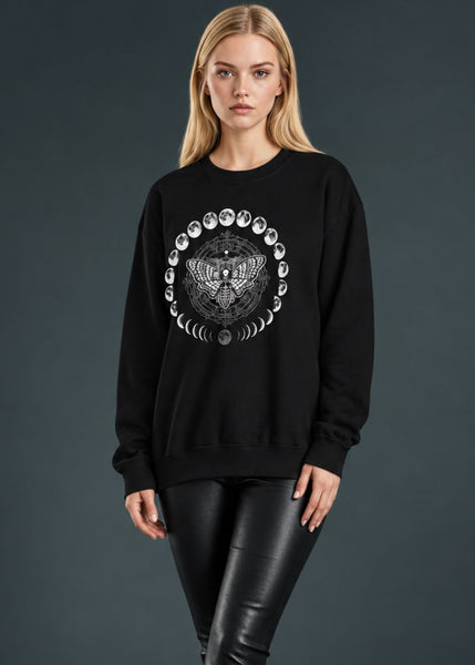 Front view of black moth and moon gothic sweatshirt