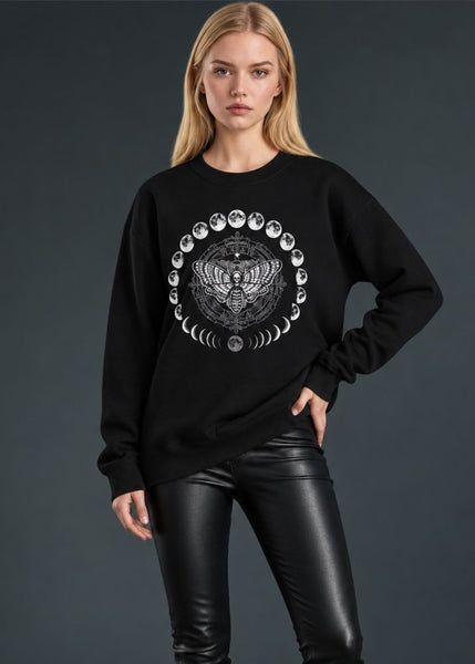 Black sweatshirt with moth and moon celestial graphic
