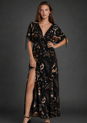 Earthy mushroom and forest print on black cotton maxi dress – Pretty Attitude
