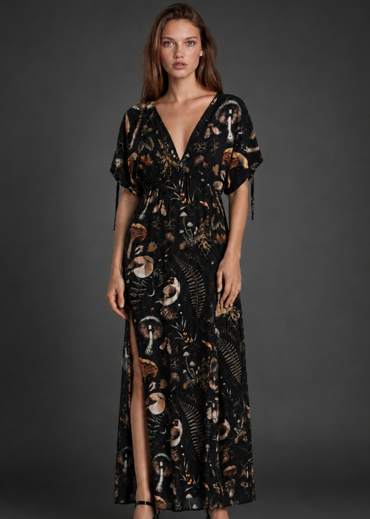 Black mushroom forest print boho maxi dress with deep V-neck – Pretty Attitude
