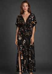 Black mushroom forest print boho maxi dress with deep V-neck – Pretty Attitude
