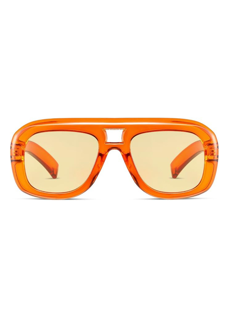 Women's orange retro aviator sunglasses with antique gold frames and tan tinted lenses, 70s vintage style