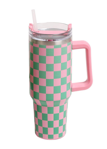 Pink Checkered 40oz Stainless Steel Tumbler With Handle