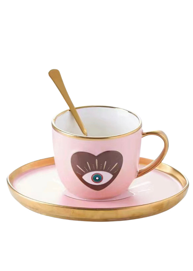 Pink Evil Eye Heart Ceramic Coffee Mug Cup and Saucer Set