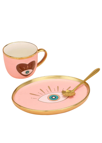 Pink Evil Eye Heart Ceramic Coffee Mug Cup and Saucer Set