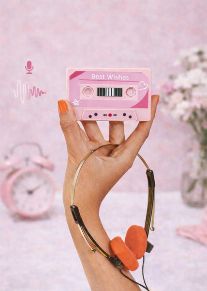 Love Letter cassette card lifestyle shot showing vintage-inspired recordable greeting card for anniversaries and birthdays