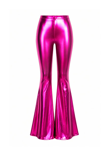 Pink Barbie faux leather bell bottom flare pants – front view, women's festival disco pants
