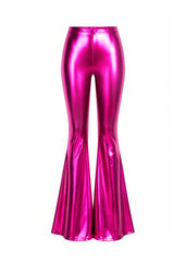 Pink Barbie faux leather bell bottom flare pants – front view, women's festival disco pants