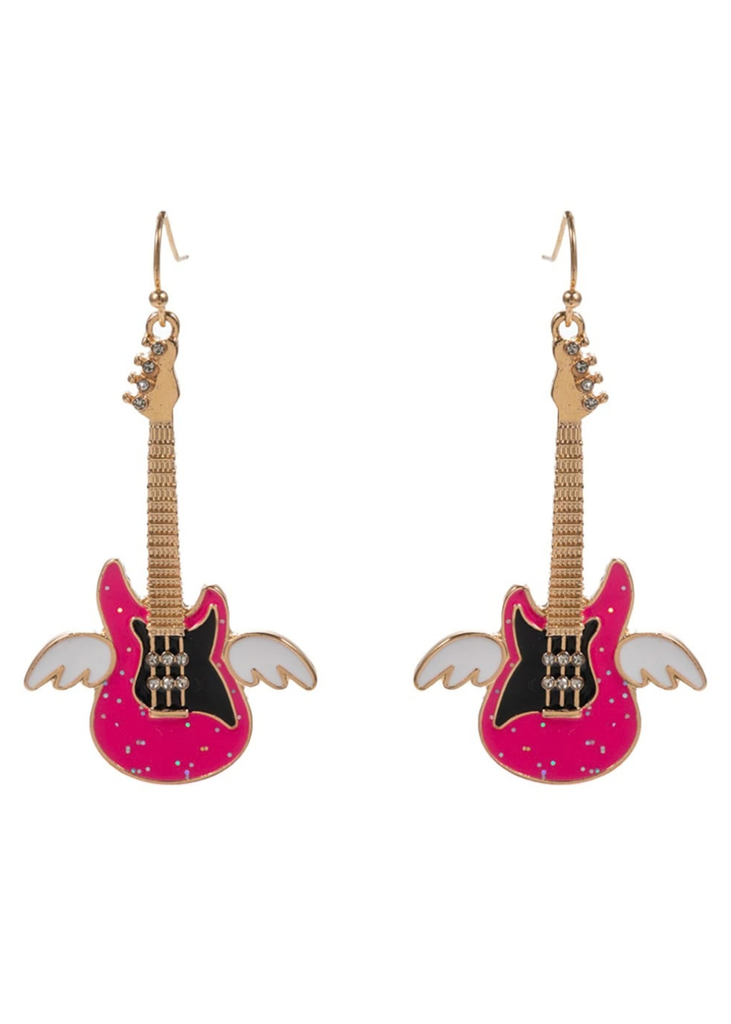 Pink electric guitar drop earrings with white angel wings, black accents, and gold-tone fish hook wires.