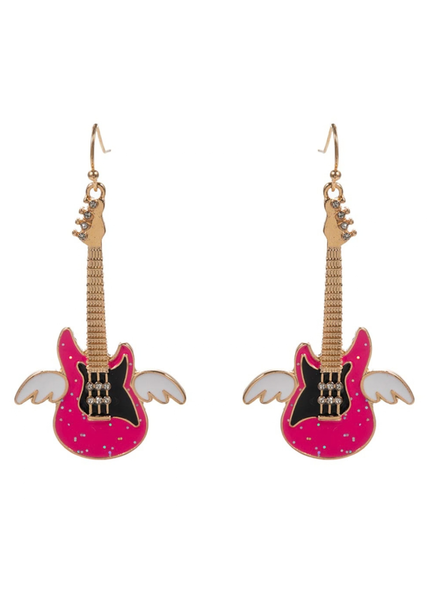 Pink electric guitar drop earrings with white angel wings, black accents, and gold-tone fish hook wires.