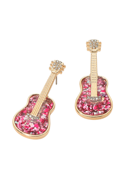 Pink glittered guitar drop earrings – rock 'n' roll statement jewelry by Pretty Attitude