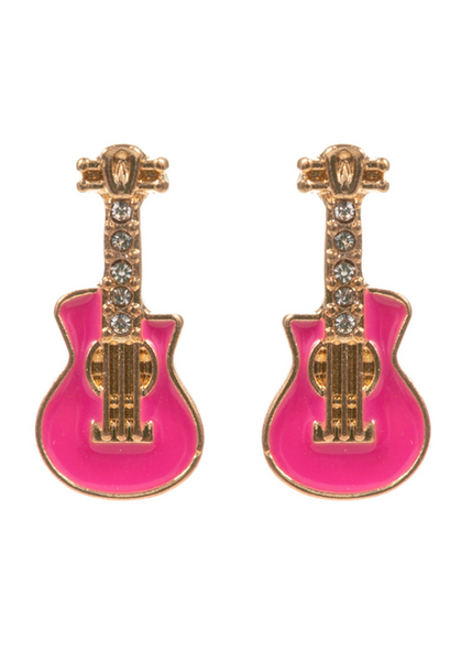 Rockstar Pink Stone Paved Enamel Guitar Stud Earrings