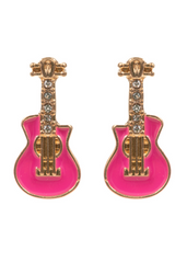 Rockstar Pink Stone Paved Enamel Guitar Stud Earrings