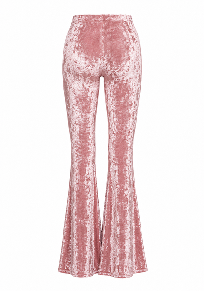 Pink velvet flare pants with high waist – full length view
