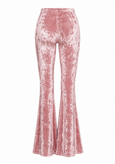 Pink velvet flare pants with high waist – full length view
