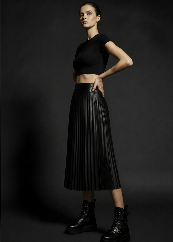 Making all that noise Black Vegan Leather Pleated Skirt