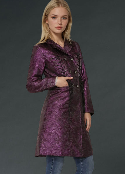 Alternative gothic women’s coat in purple with ornate buttons and lace-up corset detail, perfect for festivals and cosplay.