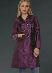 Gothic purple women’s coat with subtle paisley pattern, black corset lacing and ornate Victorian buttons.