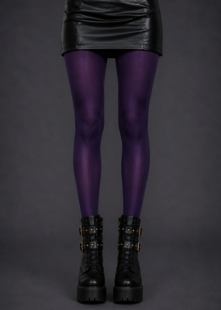 Purple high shine tights with glossy silk-look finish – gothic alternative hosiery for women | Pretty Attitude