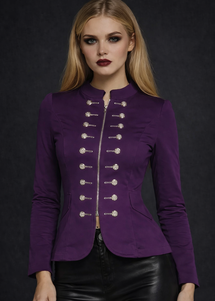 Purple gothic military jacket for women with Victorian steampunk design, alternative goth punk outerwear in dark romantic style.