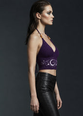 Soft purple cropped halter top in stretch knit fabric