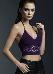 Soft purple cropped halter top in stretch knit fabric