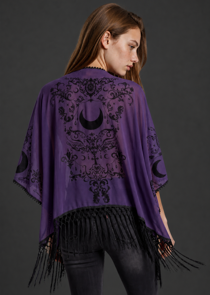 Women's purple goth kimono with sheer mesh fabric, open front, and tassel fringe hem — Pretty Attitude