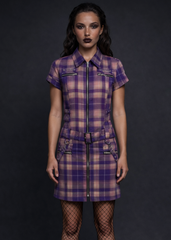 Purple tartan mini dress with front zipper and removable buckle belt — edgy alternative fashion by Pretty Attitude