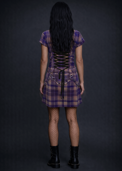 Back view of purple plaid punk mini dress showing corset lacing detail — Pretty Attitude alternative clothing