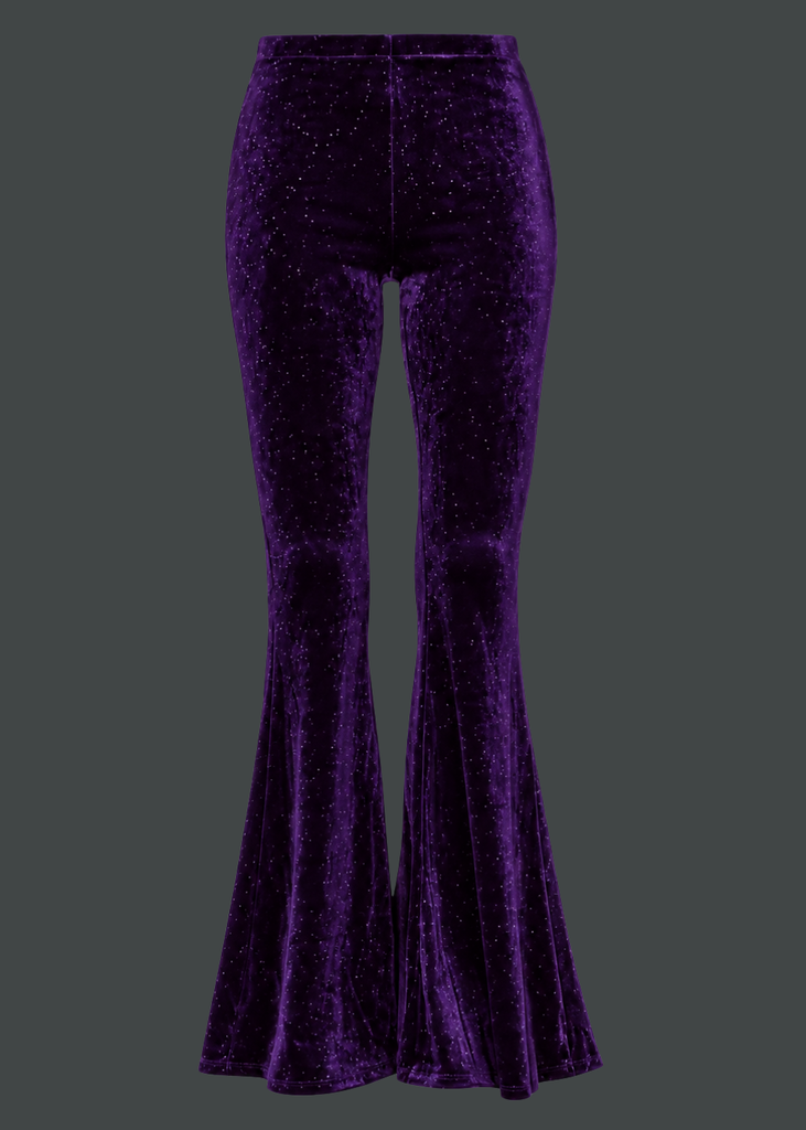 Purple velvet glitter sequin bell-bottom pants by Pretty Attitude 