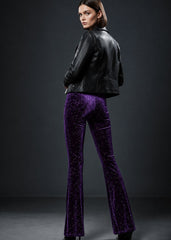 Back view of sparkling sequins on purple velvet flared pants Pretty Attitude 