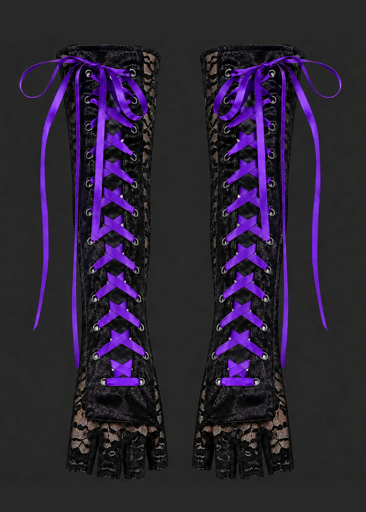 Purple steampunk arm warmers with lace-up elbow detail - women's fingerless gloves
