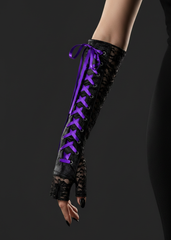 Purple steampunk arm warmers styled with gothic festival outfit
